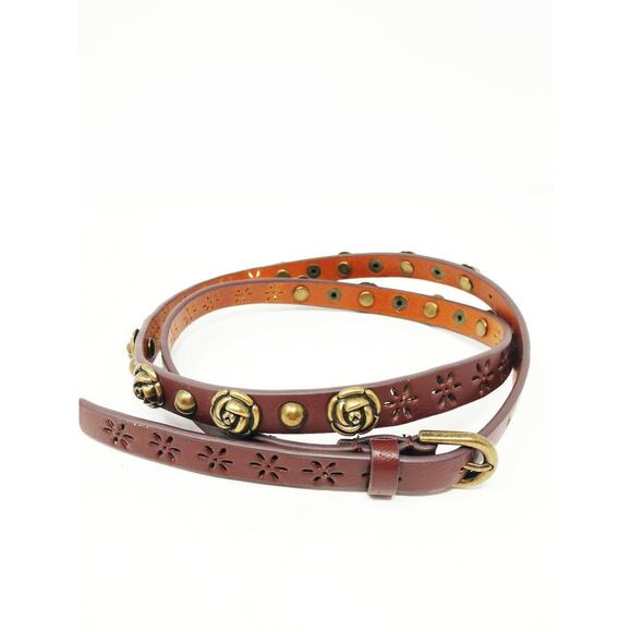 Another Line Nordstrom Women's Skinny Belt Waist Brown Gold Metal Flowers Small - Picture 1 of 5